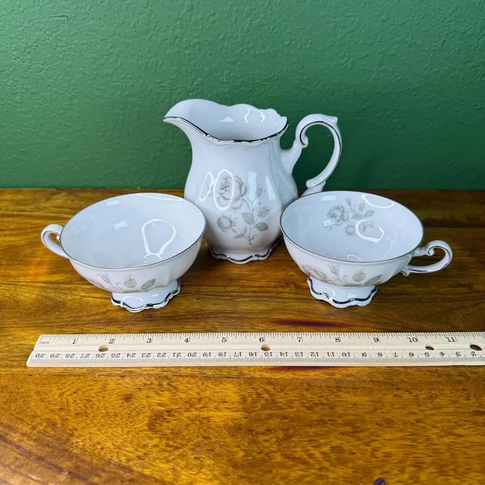 Vintage Mitterteich Mystic Rose Porcelain Tea Cup Set with Creamer